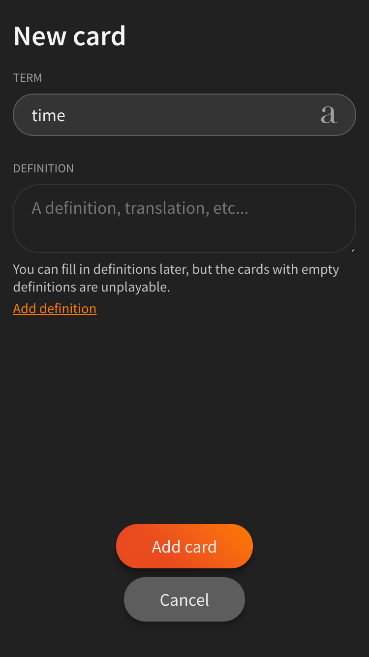 Screenshot of card with no definition